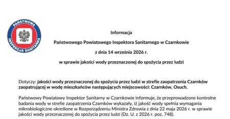 INFORMACJA PAŃSTWOWEGO POWIATOWEGO INSPEKTORA SANITARNEGO W CZARNKOWIE Z DNIA 14.09.2026r.
